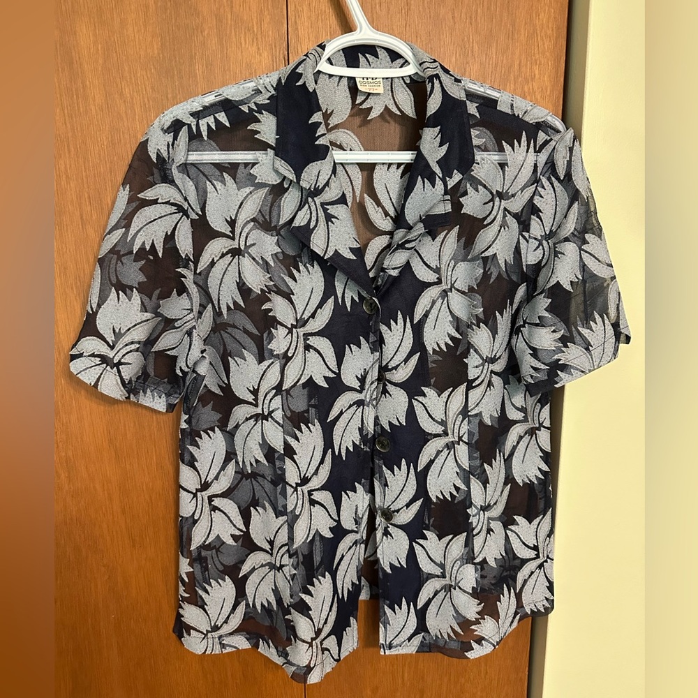Elegant Black and Gray Leaf Print Button Down Shirt